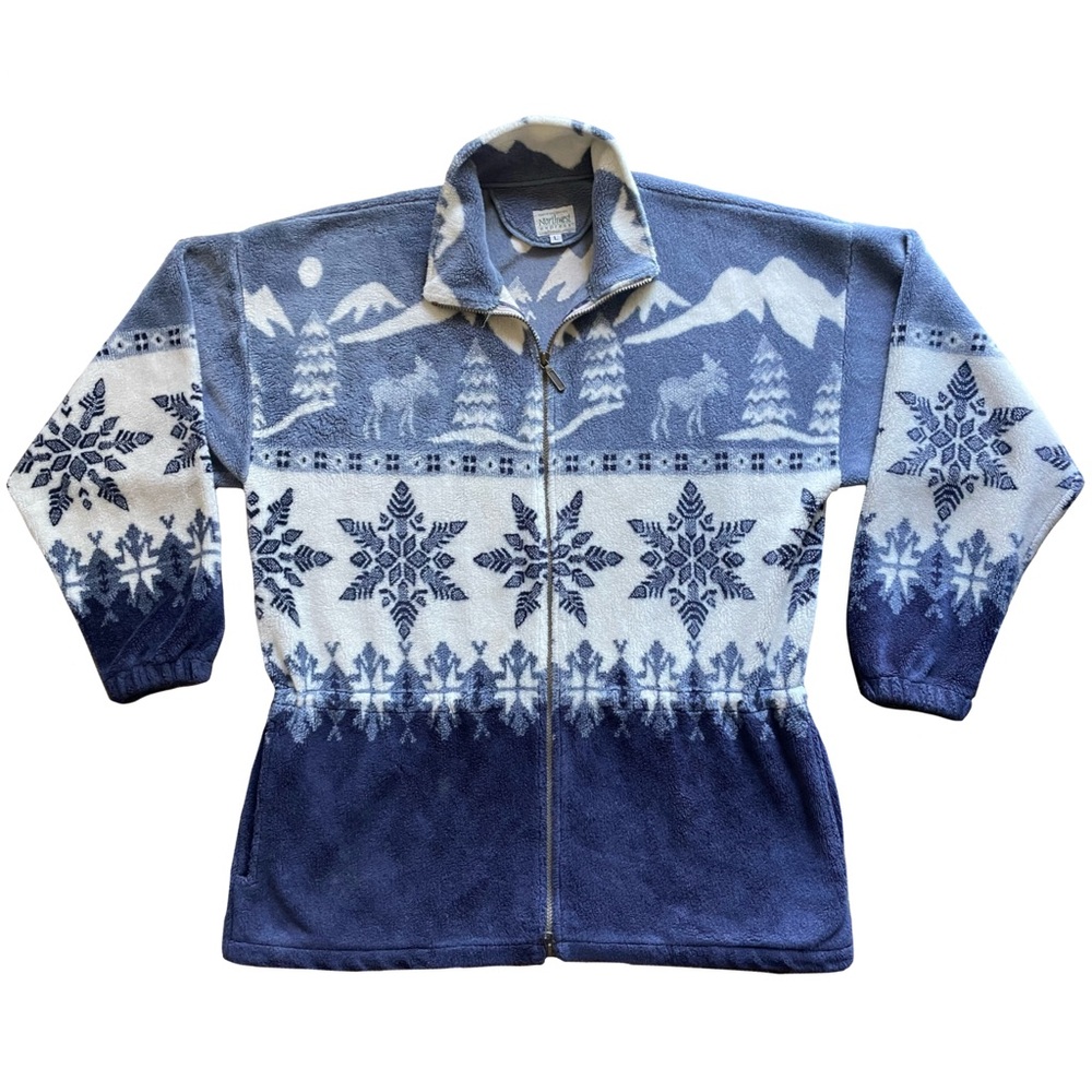 VTG Northwest Express Sherpa Fleece Snowflake Winter Moose Mountains Chunky Sz L